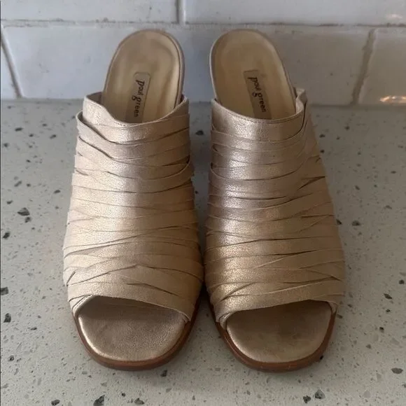 Paul Green AVERY Chic Gold Metallic Shimmer Leather Heeled Mules Shoes Size US 8 - Picture 2 of 13